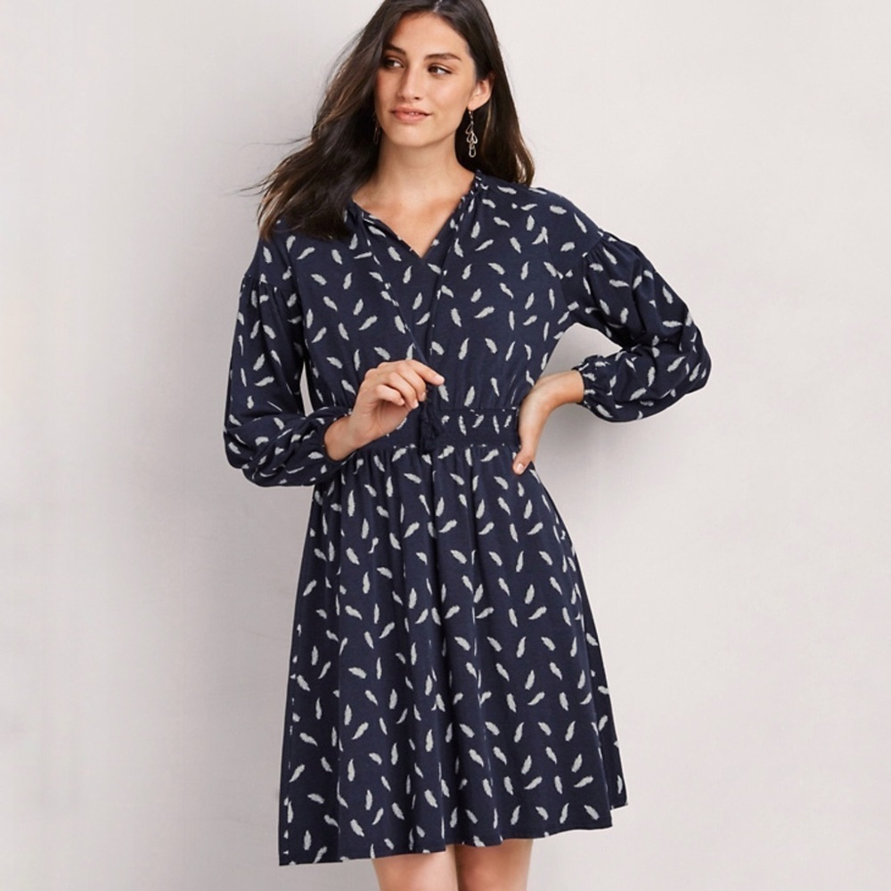 Garnet Hill Organic Cotton Feather Print Tassel Dress Boho Cottagecore M #48697